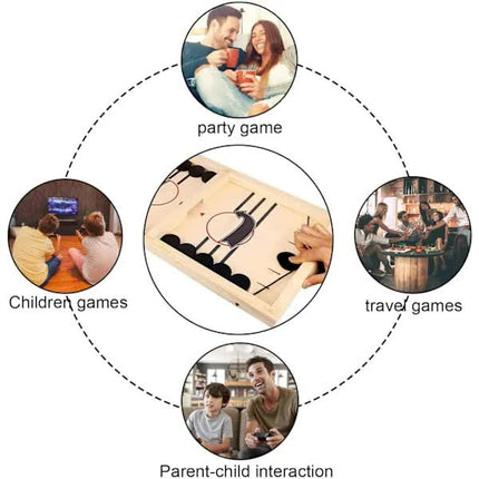 Sling Puck Game, Wooden Hockey Game, Fast Action Soccer Table Game shown for party, travel, children, and parent-child games.