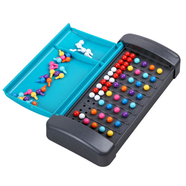 Mastermind Game Fun Brain Puzzle Game with colorful pegs arranged on black and teal plastic board for strategy play