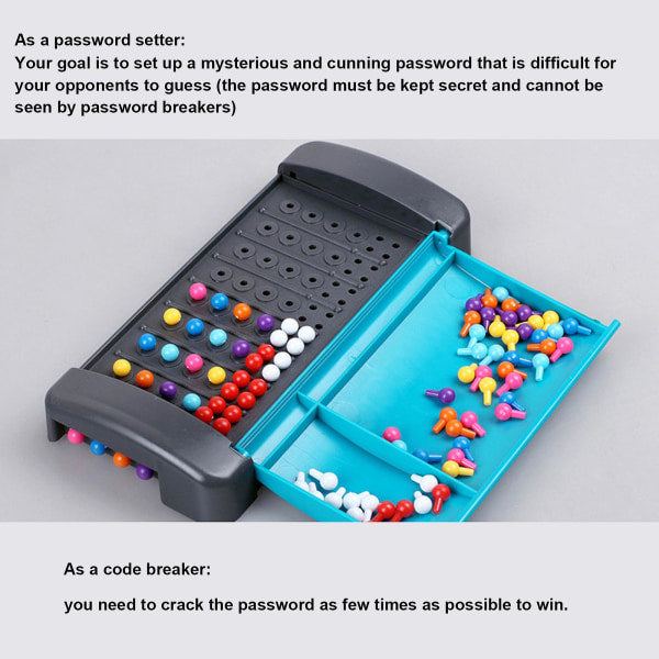 Mastermind Game Fun Brain Puzzle Game with colorful pegs on black and blue game board for educational play.