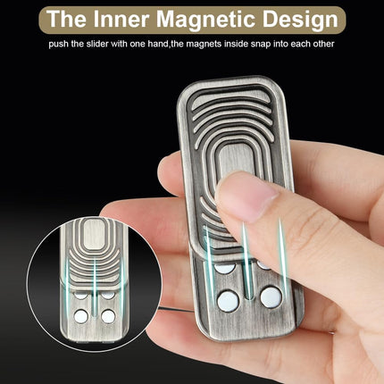 Hand holding Metal Fidget Slider Toy, EDC Fidget Toy for Adults, Stress Relief for Anxiety with magnetic slider design.
