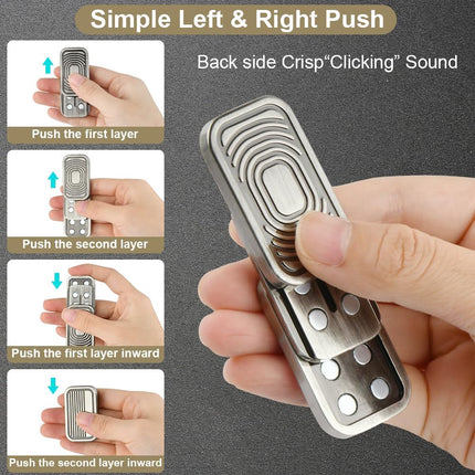 Hand holding Metal Fidget Slider Toy, EDC Fidget Toy for Adults, Stress Relief for Anxiety with clicking sound feature.