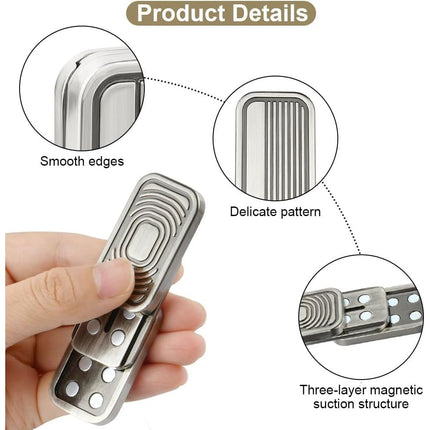 Hand holding Metal Fidget Slider Toy, EDC Fidget Toy for Adults, Stress Relief for Anxiety with magnetic layers and smooth edges