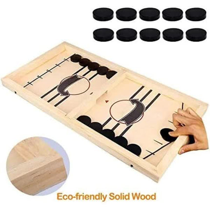 Fast Sling Puck Game, Wooden Hockey Game, Super Soccer Table made of eco-friendly solid wood and black pucks.