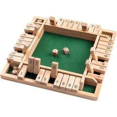 Wooden game board with numbered tiles, green felt centre and two dice