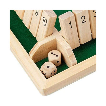 Wooden Board Game, 4 Players Shut The Box Dice Game Mathematics Traditional Pub Board Dice Game Travel board game with dice on green felt.