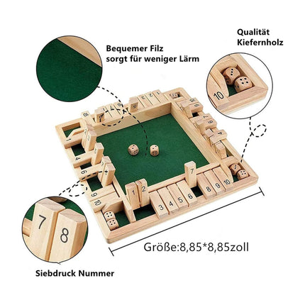 Wooden Board Game, 4 Players Shut The Box Dice Game Mathematics Traditional Pub Board Dice Game Travel board game with dice and numbered tiles.