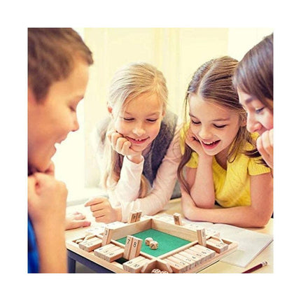 Children playing Wooden Board Game, 4 Players Shut The Box Dice Game Mathematics Traditional Pub Board Dice Game Travel board game.
