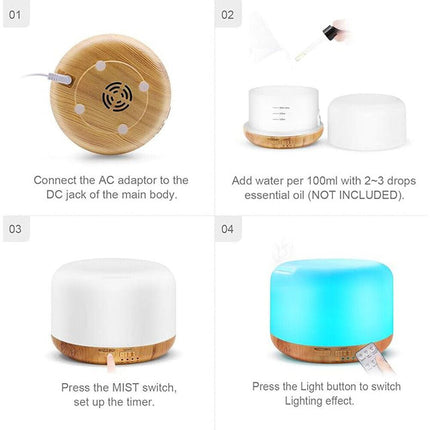 Aroma Aromatherapy Diffuser LED Oil Ultrasonic Air Humidifier Purifier 500ML Wood Grain - Sensory Circle