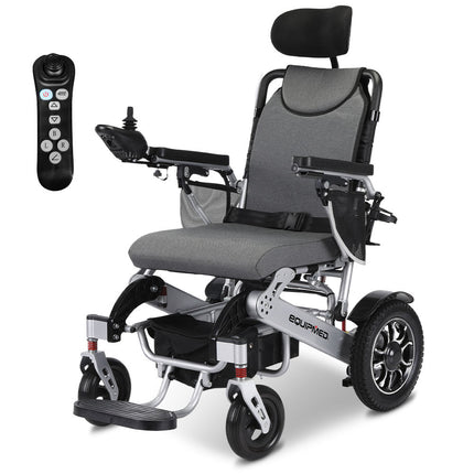 EQUIPMED Power Electric Wheelchair, Long Range, Alloy, Remote Control, Lithium Battery, Black/Silver - Sensory Circle