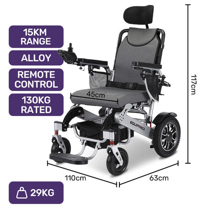 EQUIPMED Power Electric Wheelchair, Long Range, Alloy, Remote Control, Lithium Battery, Black/Silver - Sensory Circle