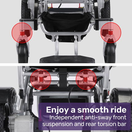 EQUIPMED Power Electric Wheelchair, Long Range, Alloy, Remote Control, Lithium Battery, Black/Silver - Sensory Circle