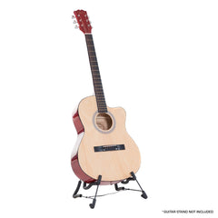 Karrera Acoustic Cutaway 40in Guitar - Natural with natural wood finish on display stand