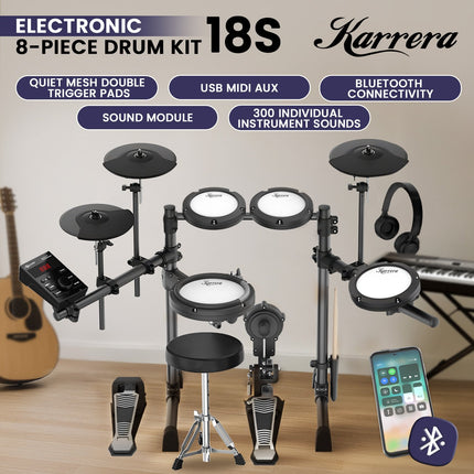 Karrera 18S Electronic Drum Kit Mesh Pads 8in Snare Bluetooth Sounds USB/MIDI Output Kick Pedals Drum Coach & Metronome Dropshipzone