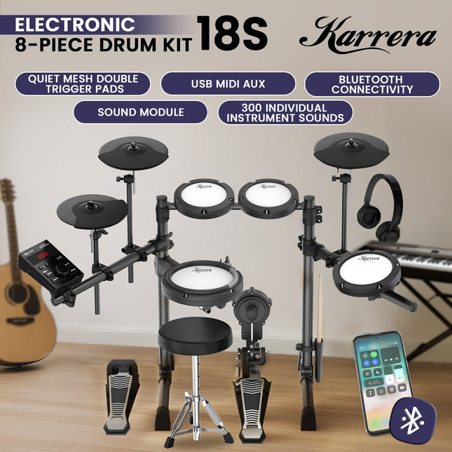 Karrera 18S Electronic Drum Kit Mesh Pads 8in Snare Bluetooth Sounds USB/MIDI Output Kick Pedals Drum Coach & Metronome Dropshipzone