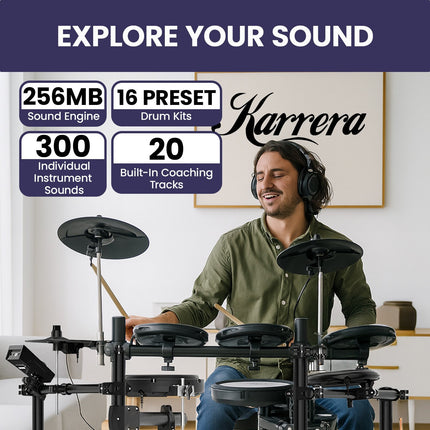 Karrera 18S Electronic Drum Kit Mesh Pads 8in Snare Bluetooth Sounds USB/MIDI Output Kick Pedals Drum Coach & Metronome Dropshipzone