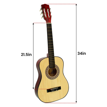 Measurement diagram Karrera Childrens Guitar Wooden 34in Acoustic - Natural 34in total height 21.5in body length