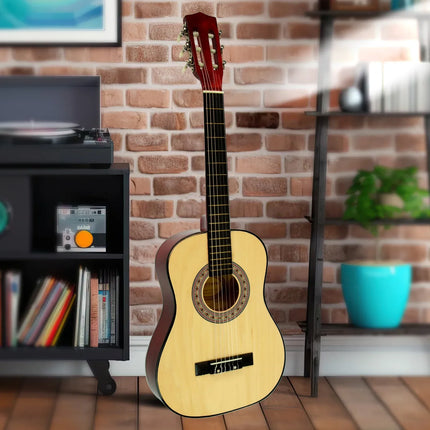 Karrera Childrens Guitar Wooden 34in Acoustic - Natural standing upright in a room