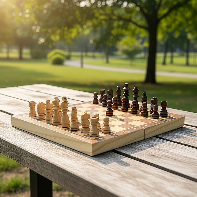 Chess Board Games Folding Large Chess Wooden Chessboard Set Wood Toy Gift on picnic table outdoors at sunset