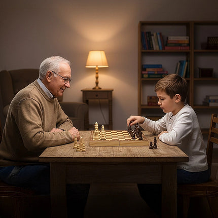 Chess Board Games Folding Large Chess Wooden Chessboard Set Wood Toy Gift with grandfather and grandson playing together indoors