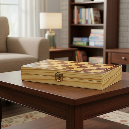 Chess Board Games Folding Large Chess Wooden Chessboard Set Wood Toy Gift on a wooden table in a cozy living room.