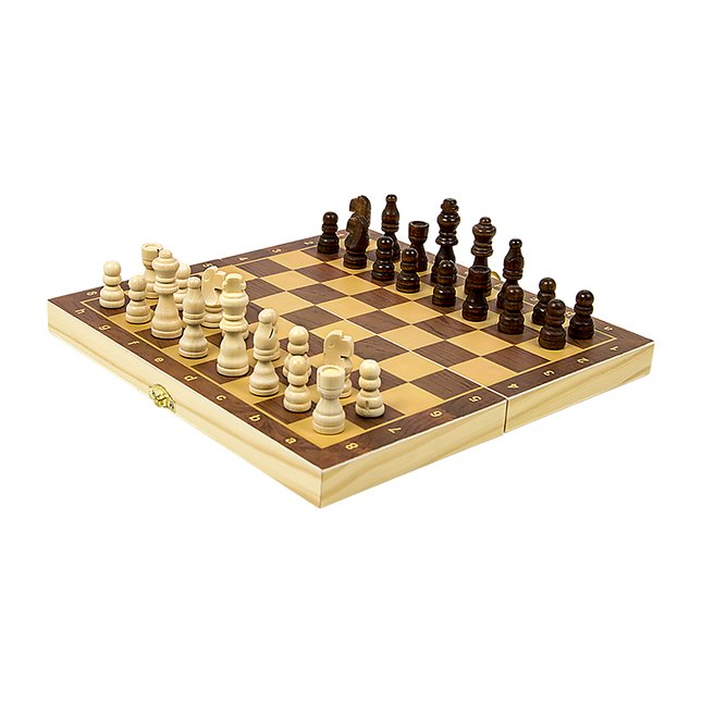 Chess Board Games Folding Large Chess Wooden Chessboard Set Wood Toy Gift with light and dark pieces arranged on board.