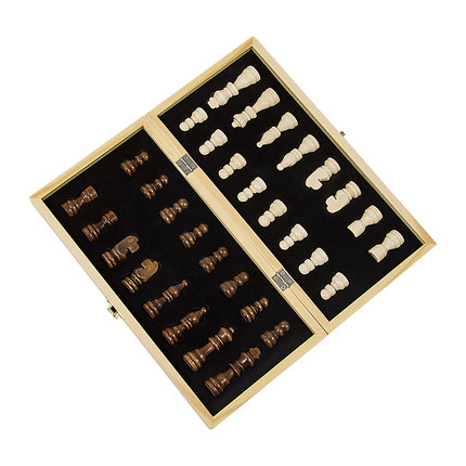 Chess Board Games Folding Large Chess Wooden Chessboard Set Wood Toy Gift with natural wood pieces in a portable case.