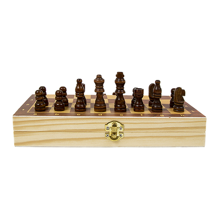 Chess Board Games Folding Large Chess Wooden Chessboard Set Wood Toy Gift with dark wooden pieces on folded board helping families thrive.