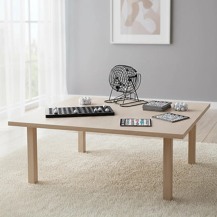 Bingo Game Set with Cards Balls and Cage for Family Party Fun displayed on a wooden table in bright room