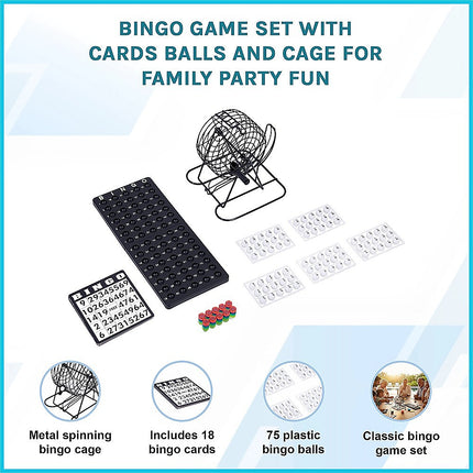 Bingo Game Set with Cards Balls and Cage for Family Party Fun featuring metal cage, 18 cards, and 75 plastic balls
