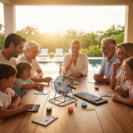 Family enjoying a Bingo Game Set with Cards Balls and Cage for Family Party Fun at an outdoor table during sunset