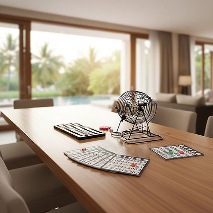 Bingo Game Set with Cards Balls and Cage for Family Party Fun displayed on a wooden table in bright room.