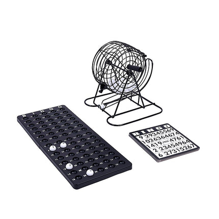Bingo Game Set with Cards Balls and Cage for Family Party Fun with metal cage, numbered balls, and black card holder.