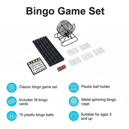 Bingo Game Set with Cards Balls and Cage for Family Party Fun featuring metal cage and 18 bingo cards for all ages.