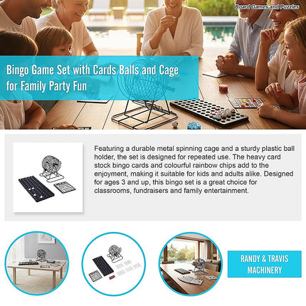 Bingo Game Set with Cards Balls and Cage for Family Party Fun displayed on table with family enjoying together.