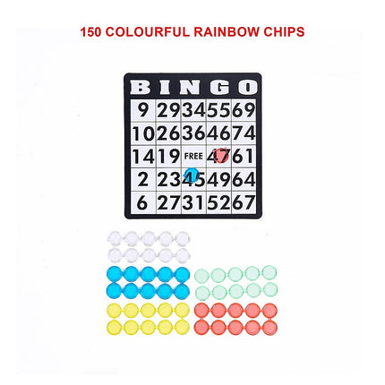 Bingo Game Set with Cards Balls and Cage for Family Party Fun showing a bingo card with colorful chips and balls.