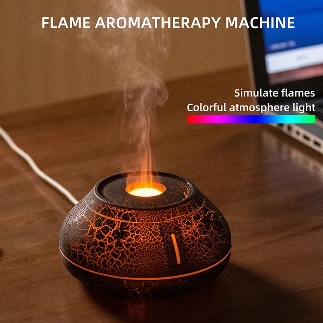 Flame Mountain Aroma Diffuser - 7-Color LED Light, 130ml Capacity, Ultrasonic Mist Maker for Home or Office, Cracked Black Dropshipzone