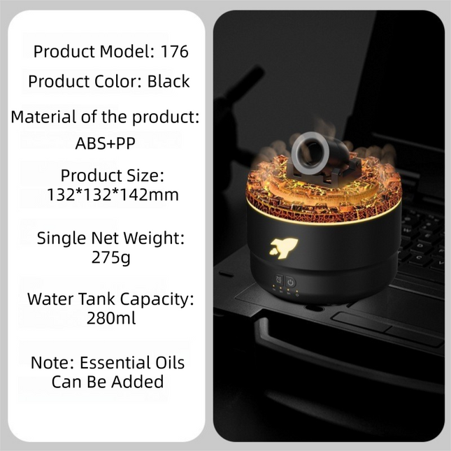 176 Black Simulation Turret Diffuser & Humidifier - Smart Timer Ultrasonic Mister with Volcano Lava Crack Shell and Colorful Light Dropshipzone