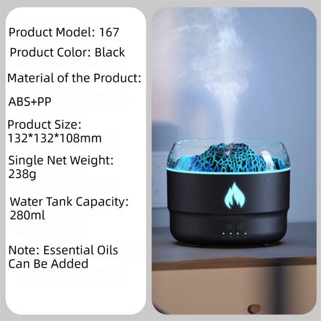 167 Black Simulation Volcano Diffuser & Humidifier - Smart Timer Ultrasonic Mister with Volcano Lava Crack Shell and Colorful Light Dropshipzone