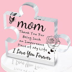 Interlocking Puzzle-Shaped Desktop Decor – 10.5cm Square Display Piece for Home or Gifting(Mom) with heartfelt message and floral design