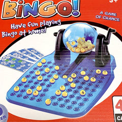 Toy Bingo game with numbered balls, cards, and a manual ball spinner designed for fun at home play.