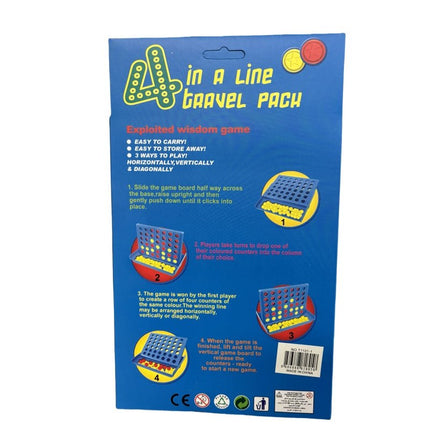 Back of the 4 in a Row Travel Game packaging showing instructions and game images, helping families thrive.
