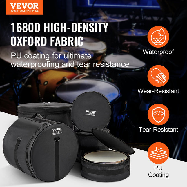 5-Piece Drum Bag Set, 1680D Oxford Fabric, Padded Drum Bags and Cases with 4.92 ft Detachable Shoulder Strap Carry Handles Foldable Design, for 55cm Kick 30cm Tom 33cm Tom 40cm Tom 35cm Snare Dropshipzone
