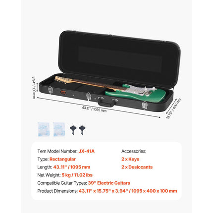 Electric Guitar Hard Case, 1095 mm Rectangular Guitar Hard Case, With Lock Latch Keys Handle, PVC Padding Soft Lining Water-Resistant Hard Shell Guitar Cases, for 990 mm Electric Guitars, Black Dropshipzone