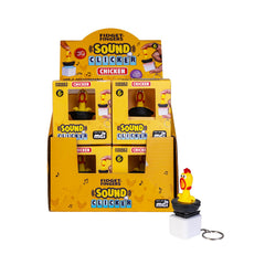 Bright yellow Fidget Sound Clicker Keychain Chicken in packaging and unboxed, sensory toy to calm and support.