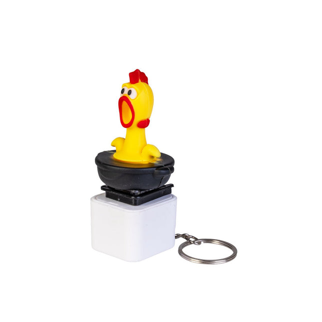 Fidget Sound Clicker Keychain Chicken sensory toy with yellow chicken figure on a black and white base, keyring attached