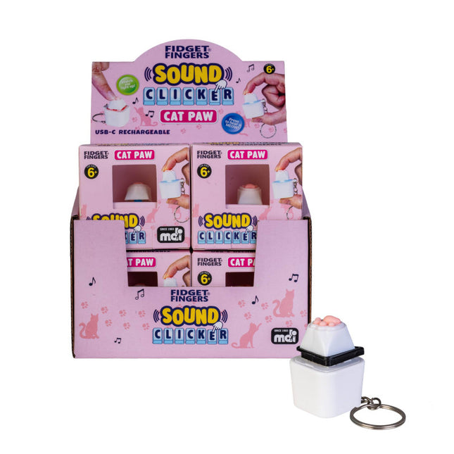 Fidget Sound Clicker Keychain Cat Paw displayed in a pink box with cat paw design, helping families thrive.