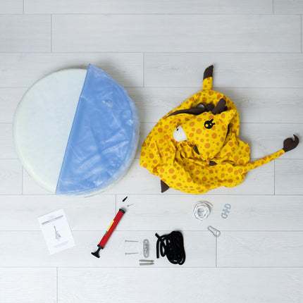 Sensory Swings set with giraffe cover, round cushion, pump, rope, and assembly hardware on light floor.