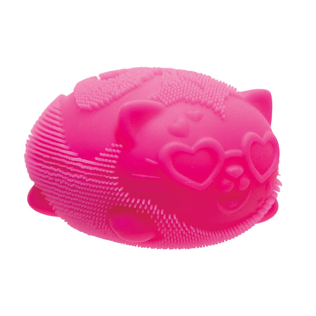 Schylling - Fuzz Ball Wild Cats NeeDoh pink textured squishy fidget toy shaped like a cat with heart-shaped eyes