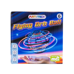 Flying Orb Ball showing glowing multicolor fidget toy hovering above open hand against dark background.