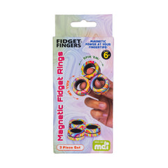 Magnetic Fidget Rings in colorful swirl design shown on fingers and packaged for sensory and educational use.